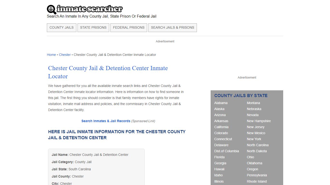 Chester County Jail & Detention Center Inmate Locator - Inmate Searcher